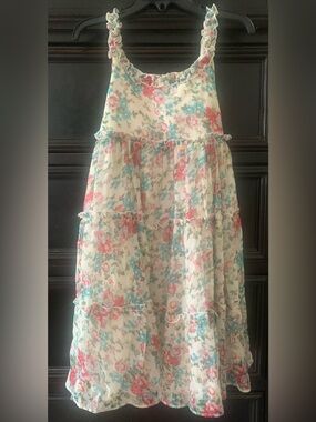Pippa & Julie Floral Ruffled Tiered Dress in Cream, Pink and Blue